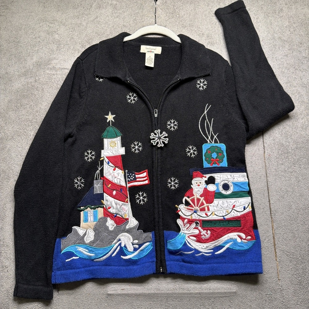 Christmas Sweater Knit Zip Jacket Embroidered Santa‎ Nautical Womens M